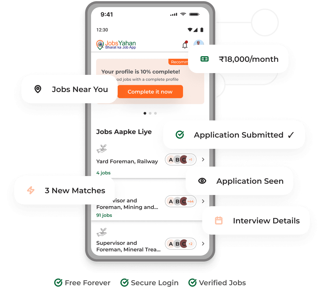 Screenshot of the JobsYahan candidate mobile app dashboard, showcasing job matches, salary details, and application status tracking.